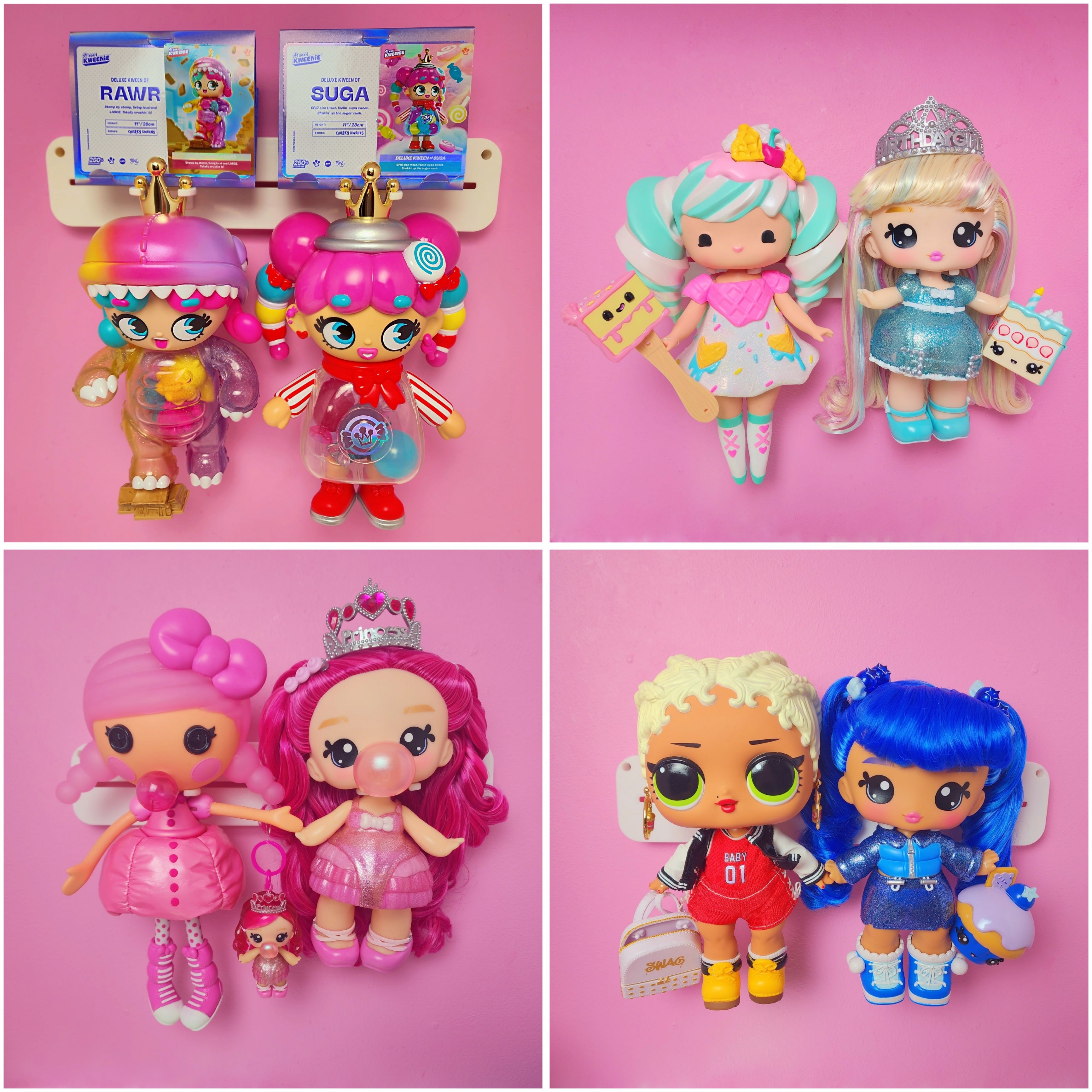 A Display My Way™ customizable doll display with Yummiland™, L.O.L. Surprise™, Lalaloopsy™, Secret Crush™, and XOX Kweenie™ dolls.