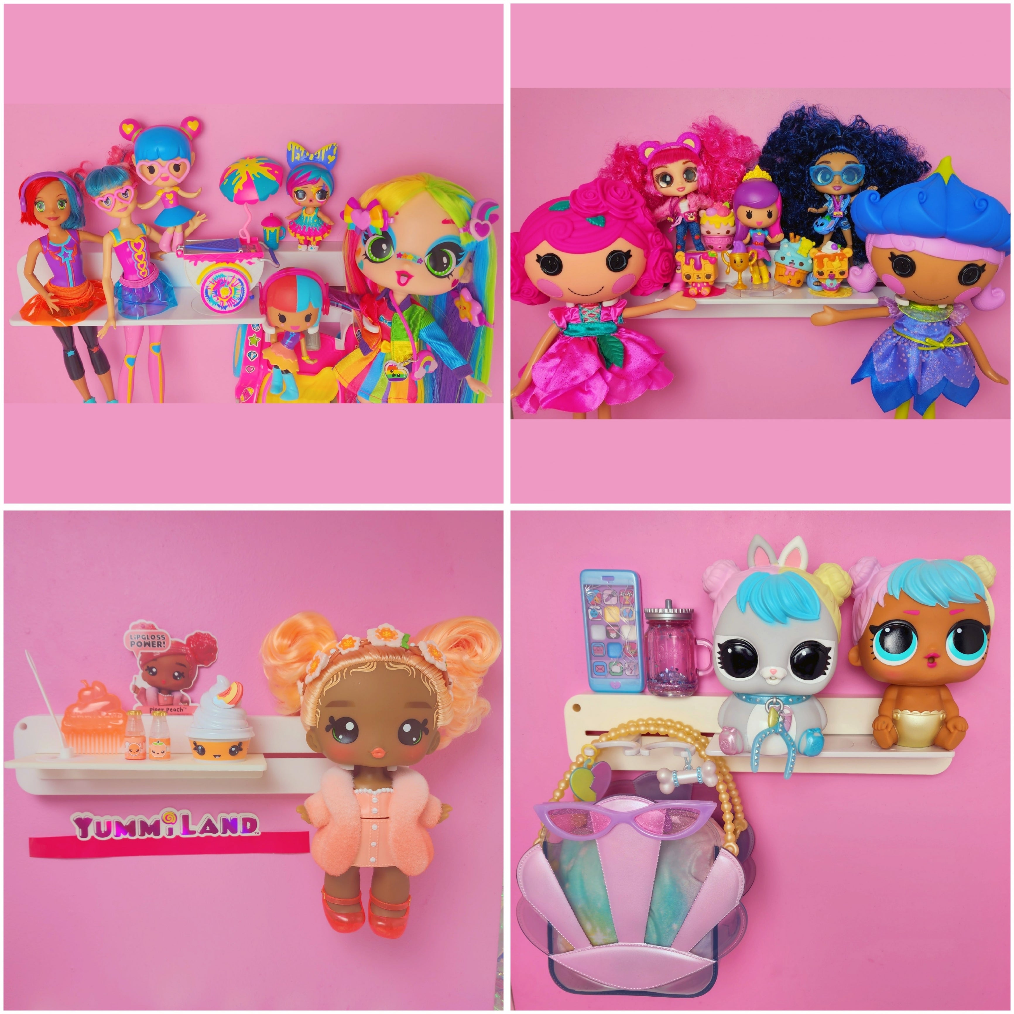 A Display My Way™ customizable doll display with Barbie®, Decora Girlz™, Lalaloopsy™, Disney Doorables™, Yummiland™, L.O.L. Surprise™ and Numnoms™ dolls.