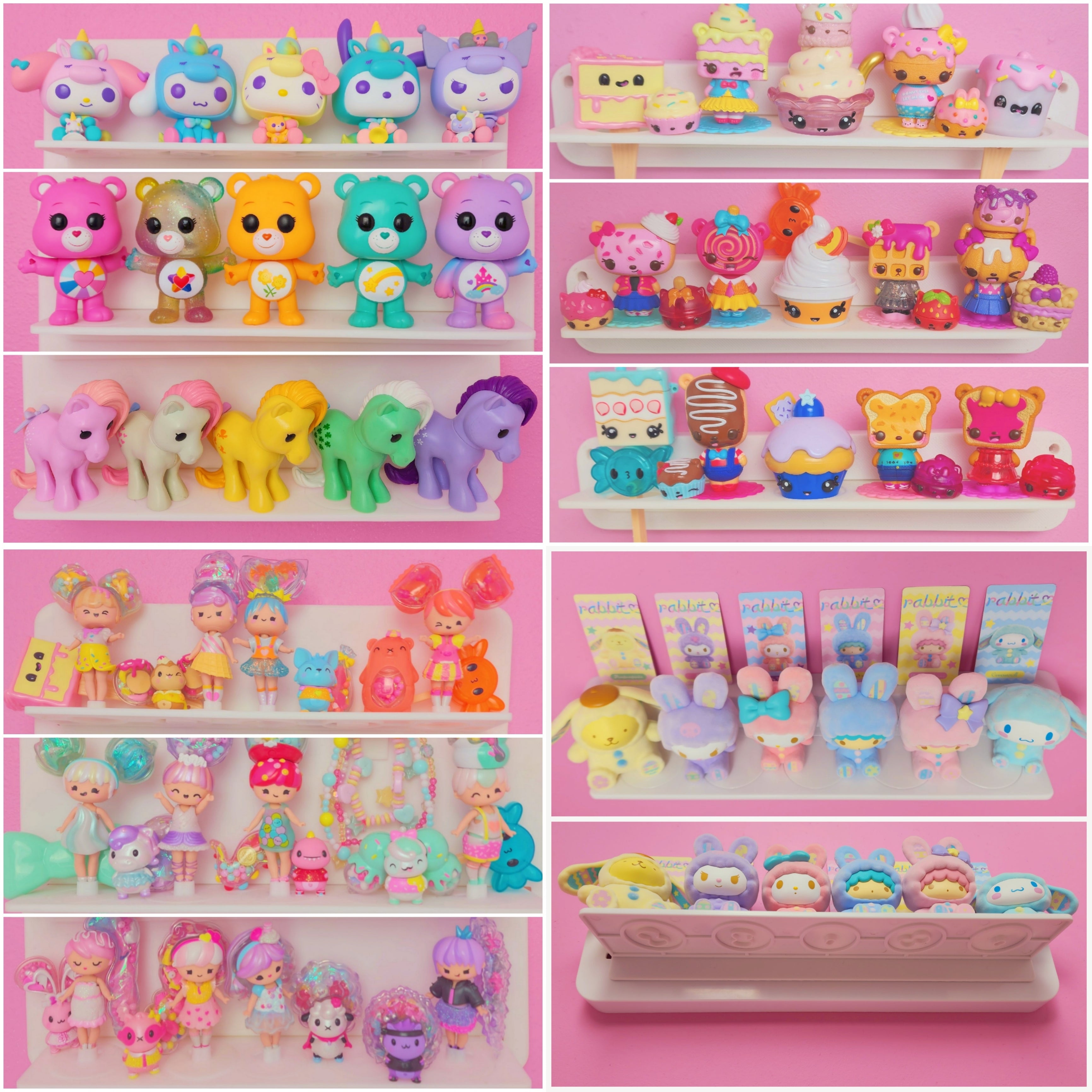 A Display My Way™ customizable doll display with Sanrio®, Care Bears™ and My Little Pony™ Funko Pop®, Secret Crush™, Yummiland™ and Numnoms™ dolls.