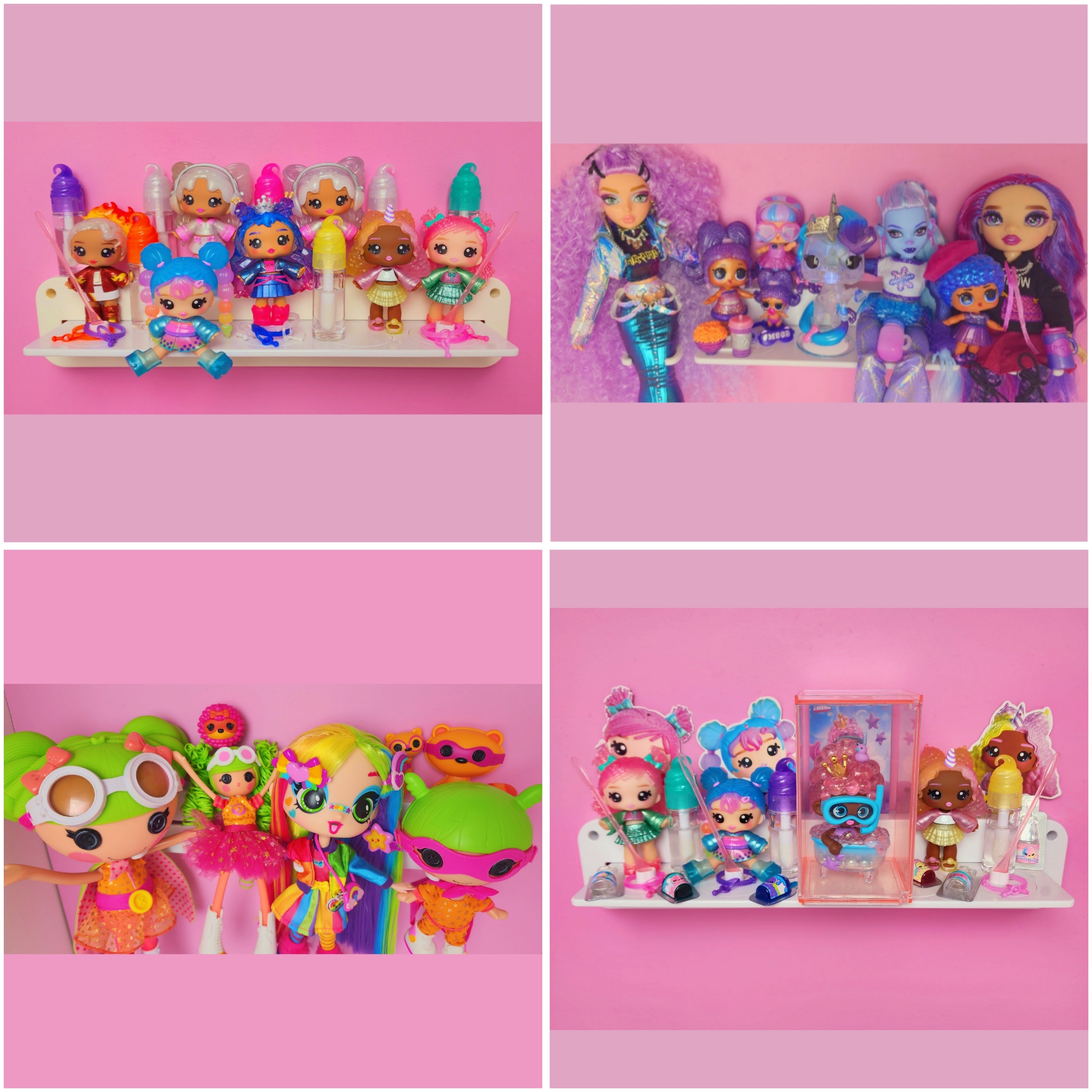 A Display My Way™ customizable doll display with Decora Girlz™, Lalaloopsy™, Rainbow High™, Monster High™, L.O.L. Surprise™, Mermaze Mermaidz™, Funko Pop®, Yummiland™ and Numnoms™ dolls.