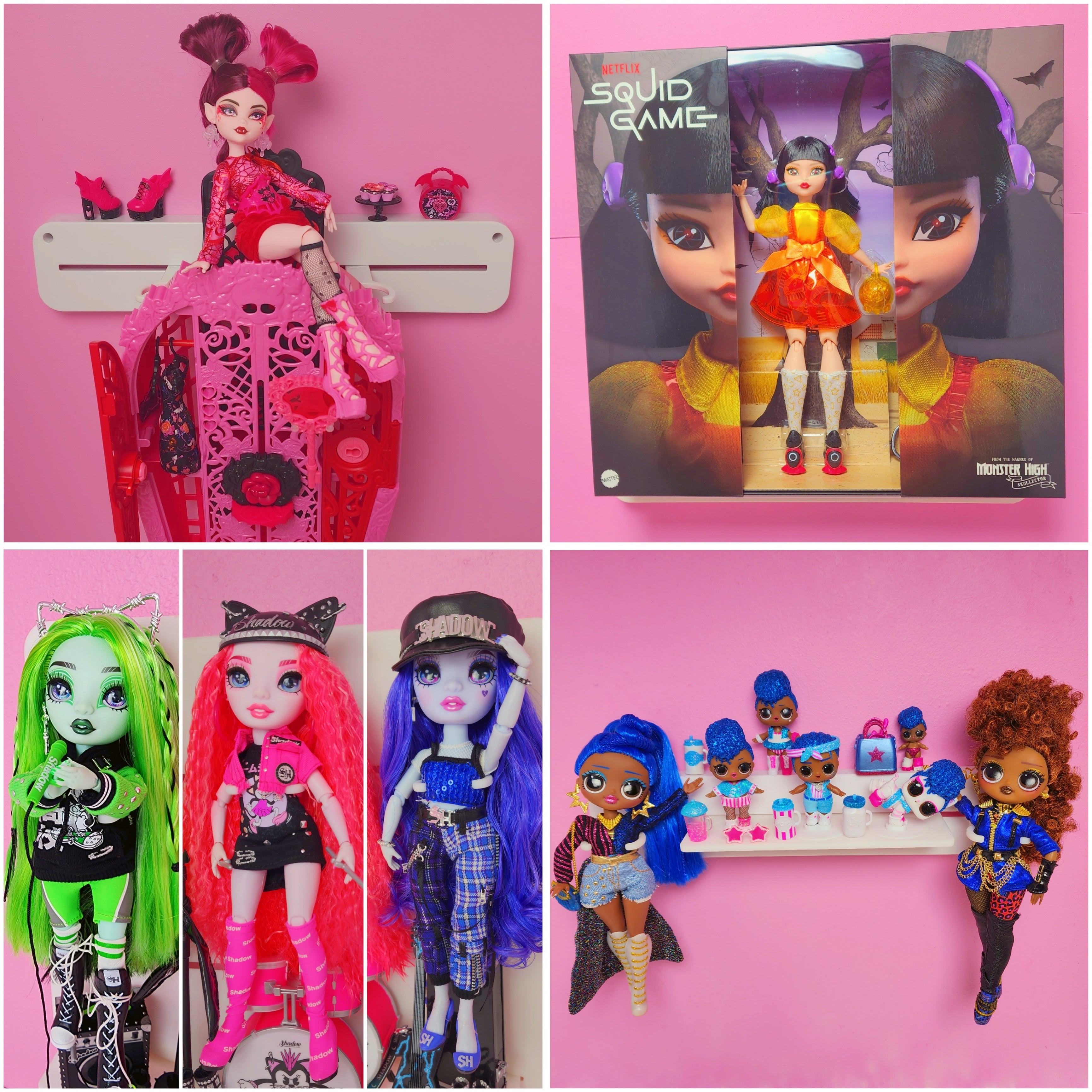 A Display My Way™ customizable doll display with Monster High™, Rainbow High™, and L.O.L. Surprise™ dolls.