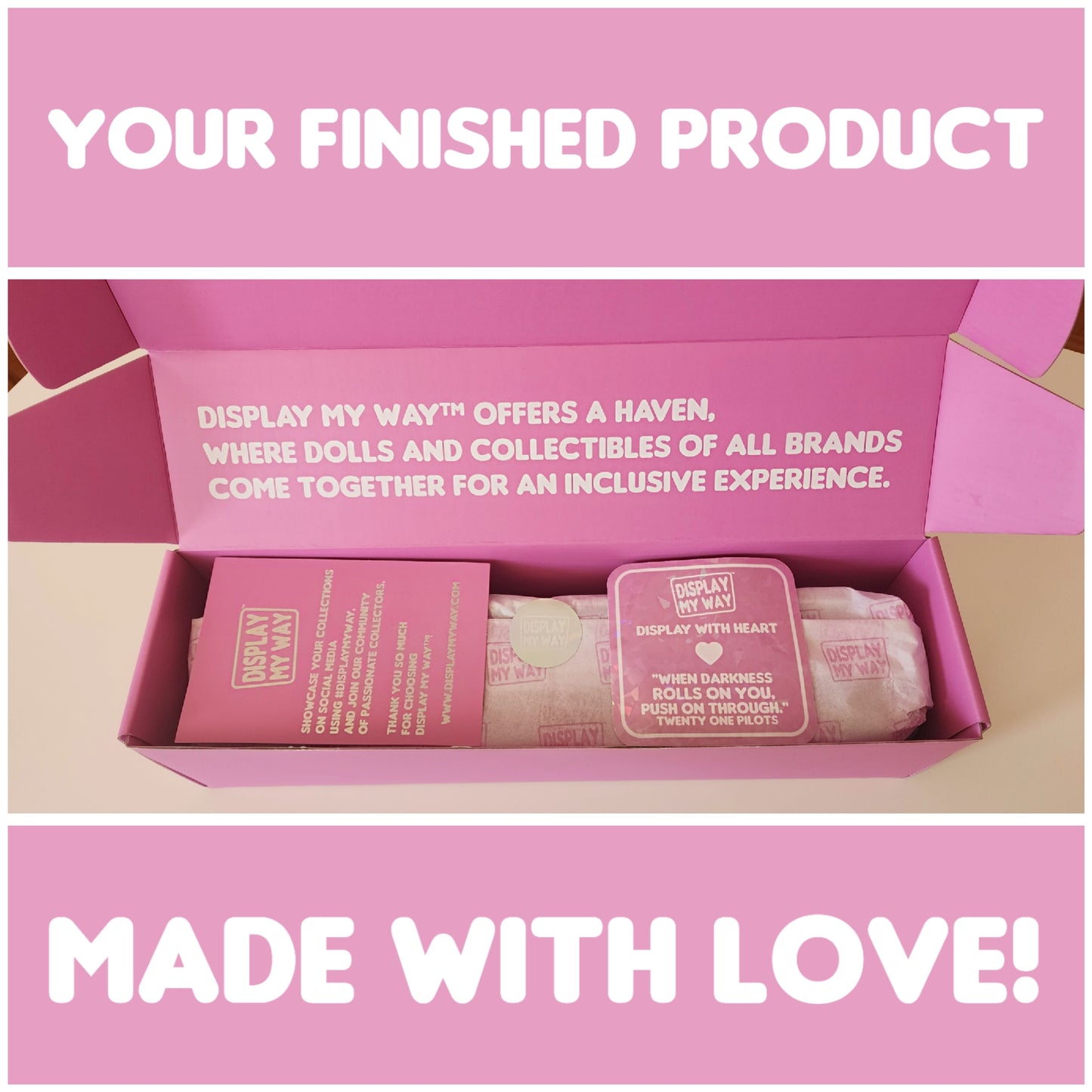 A Display My Way™ customizable doll display order packaged for shipping.