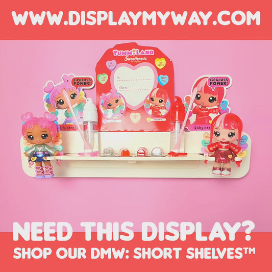 A Display My Way™ customizable doll display with Yummiland™ dolls.